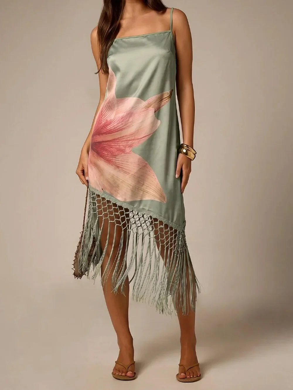 Green Boho Women's Slip Midi Dress With Oversized Floral Print